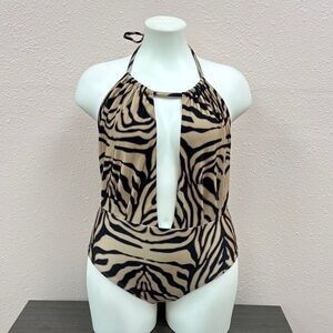 Black and Tan One Piece Swimwear with Halter Neck